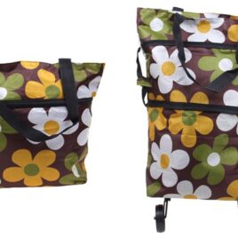 Nákupní taška s kolečky hnědá s květy